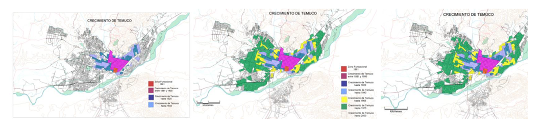 Estudio detallado del crecimiento urbano: 1943, 1975 y 1992. Image © Vía Dirección de Planificación, Municipalidad de Temuco