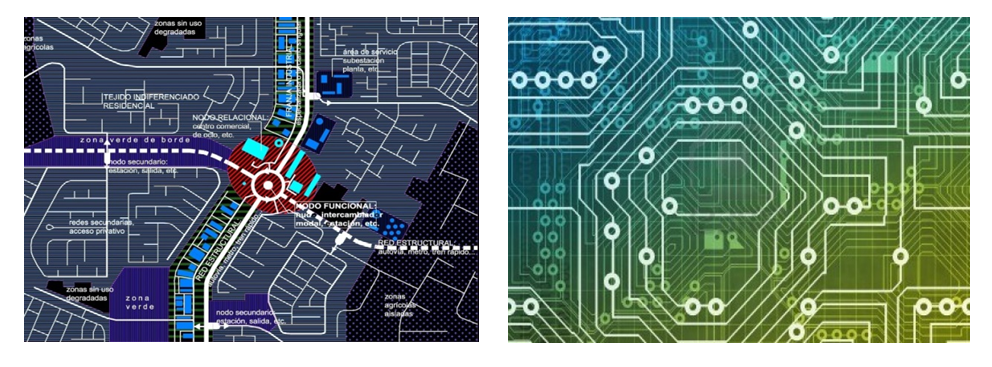 Esquema de estructura de redes y nodos característico de una ciudad contemporánea (izquierda) y esquema de un circuito integrado (derecha); el segundo se asemeja a los sistemas de comunicaciones de transportes que definen la imagen de las ciudades actuales.. Image Cortesia de Miguel Gómez Villarino