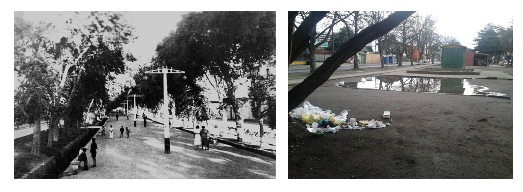 Paseo de Balmaceda histórico (izquierda) y en la actualidad (derecha): degradación del espacio público.. Image Cortesia de Miguel Gómez Villarino