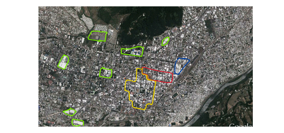 Áreas especializadas cerca del centro. En amarillo: centro de servicios y administrativo. Rojo: área comercial. Azul: feria tradicional. Verde: centros comerciales o grandes equipamientos concentrados. Image Cortesia de Miguel Gómez Villarino