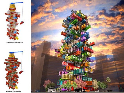 OVA Studio's 2014 proposal for a high-rise shipping container hotel. Image via Laughing Squid OVA Studio's 2014 proposal for a high-rise shipping container hotel. Image via Laughing Squid