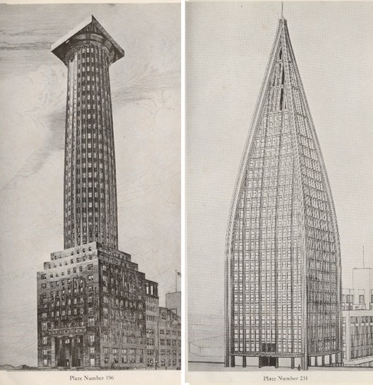 Designs for the Chicago Tribune Tower by Adolf Loos (left) and Bruno Taut, Walter Gunther, and Kurz Schutz (right). Image via skyscraper.org Designs for the Chicago Tribune Tower by Adolf Loos (left) and Bruno Taut, Walter Gunther, and Kurz Schutz (right). Image via skyscraper.org