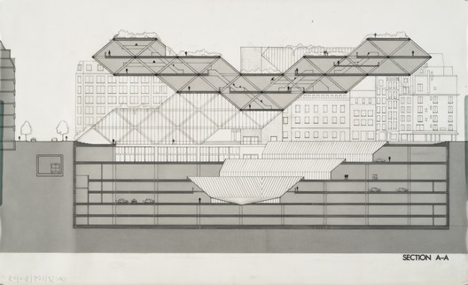 Moshe Safdie's design for the Centre Pompidou (section). Image Courtesy of Safdie Architects Moshe Safdie's design for the Centre Pompidou (section). Image Courtesy of Safdie Architects