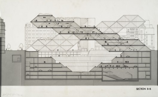 Moshe Safdie's design for the Centre Pompidou (section). Image Courtesy of Safdie Architects Moshe Safdie's design for the Centre Pompidou (section). Image Courtesy of Safdie Architects