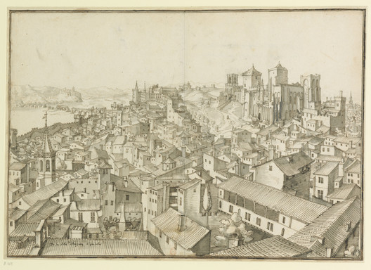 A 15th Century drawing of Avignon by Étienne Matellange; the Palais des Papes dominates the skyline at the top right. ImageCourtesy of Wikimedia user Aa77zz (Public Domain)