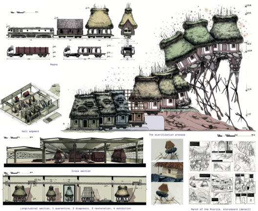 'A Different Kind of Museum' by Andrei Puică (Timisoara, Romania) recycles abandoned rural homes. The plan addresses conservation, modernity, urbanization and cultural identity in one gesture. The project was selected as participants' favorite (19 votes). Image Courtesy of Archiprix International