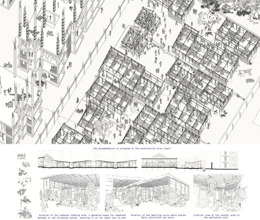 'Housing for Construction Workers in Ahmedabad', designed by Hannah Broatch (Auckland, New Zealand), confronts the poor living conditions of migrant workers. Selected as one of the nominees. Image Courtesy of Archiprix International