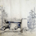 Frank Gehry, Greber Studio Sketch, 1967, não construído; Beverly Glen, Califórnia; Frank Gehry Papers no Instituto de Pesquisa Getty, © Frank O. Gehry