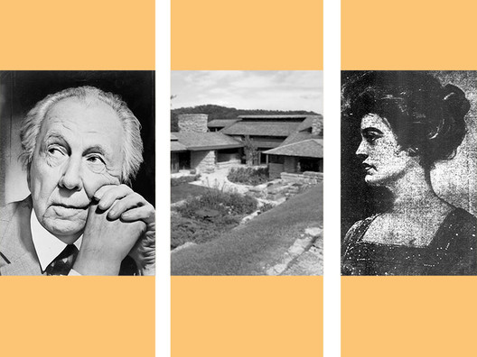 From left: Photograph by Al Ravenna <a href='http://https://commons.wikimedia.org/wiki/File:Frank_Lloyd_Wright_portrait.jpg'>via Wikimedia</a> (public domain); © <a href='https://commons.wikimedia.org/wiki/File:Looking_at_Taliesin_from_Hill_Crown.jpg'>Wikimedia user MaryKieran</a> licensed under <a href='https://creativecommons.org/licenses/by-sa/3.0/deed.en'>CC BY-SA 3.0</a>; <a href='http://https://commons.wikimedia.org/wiki/File:Mamah_Borthwick_-_newspaper_1911.jpg'>via Wikimedia</a> (public domain)