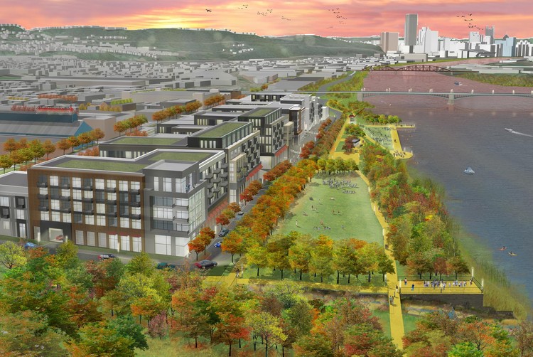 Plano prevê reutilização do Passado Industrial de Pittsburgh para reunir a cidade e seus cidadãos. , 43rd St District Vista em direção à Pittsburgh, Cortesia de Sasaki Associates