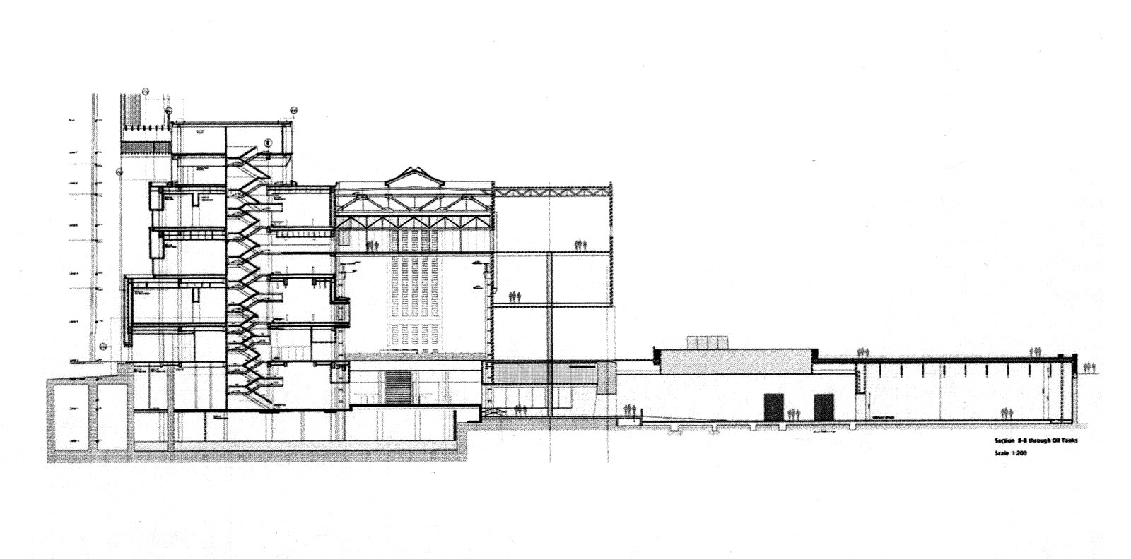 Section through boiler house, turbine hall, and oil tanks. Image Courtesy of Herzog & de Meuron