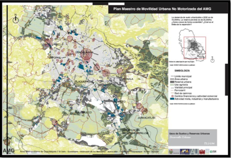 Zona Metropolitana de Guadalajara com os centros urbanos (Fonte: Plan Movilidad Urbana No Motorizada ZMG)