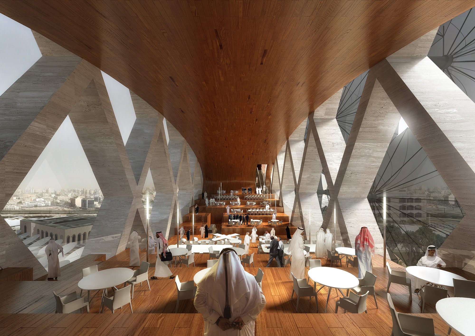 REX Designs Conjoined Media Towers with Retractable Facade for Middle East - Table, Chair, Beam