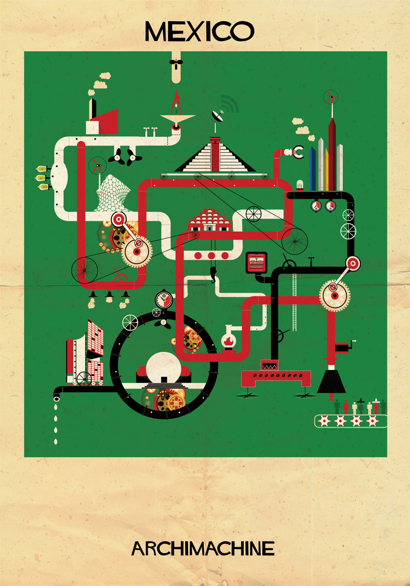ARCHIMACHINE: 17 Países Ilustrados como Máquinas Arquitectónicas