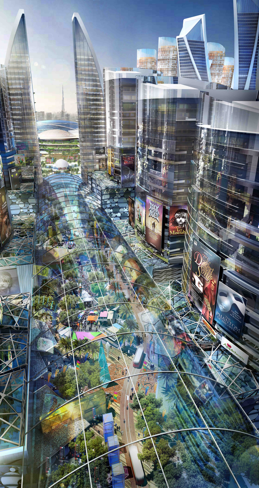 Planificación de Dubai del "Mall of the World", la primera "Ciudad de temperatura controlada", Red de calles con temperatura controlada. Imágen cortesía de Dubai Holding