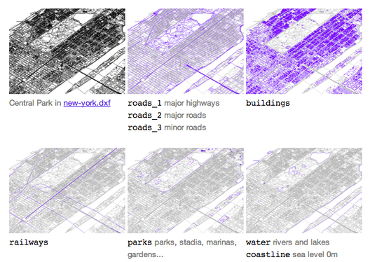 Arquivos de CAD gratuitos das 241 maiores cidades do mundo, Imagem dos layers do arquivo da cidade de Nova Iorque via bdon.org