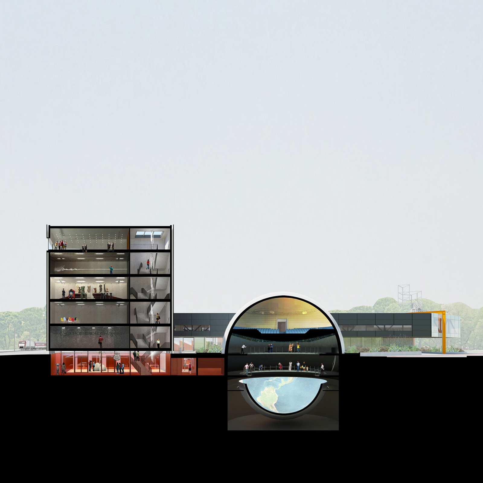 Section through CUBE and Columbus. Image © Shift Architecture Urbanism