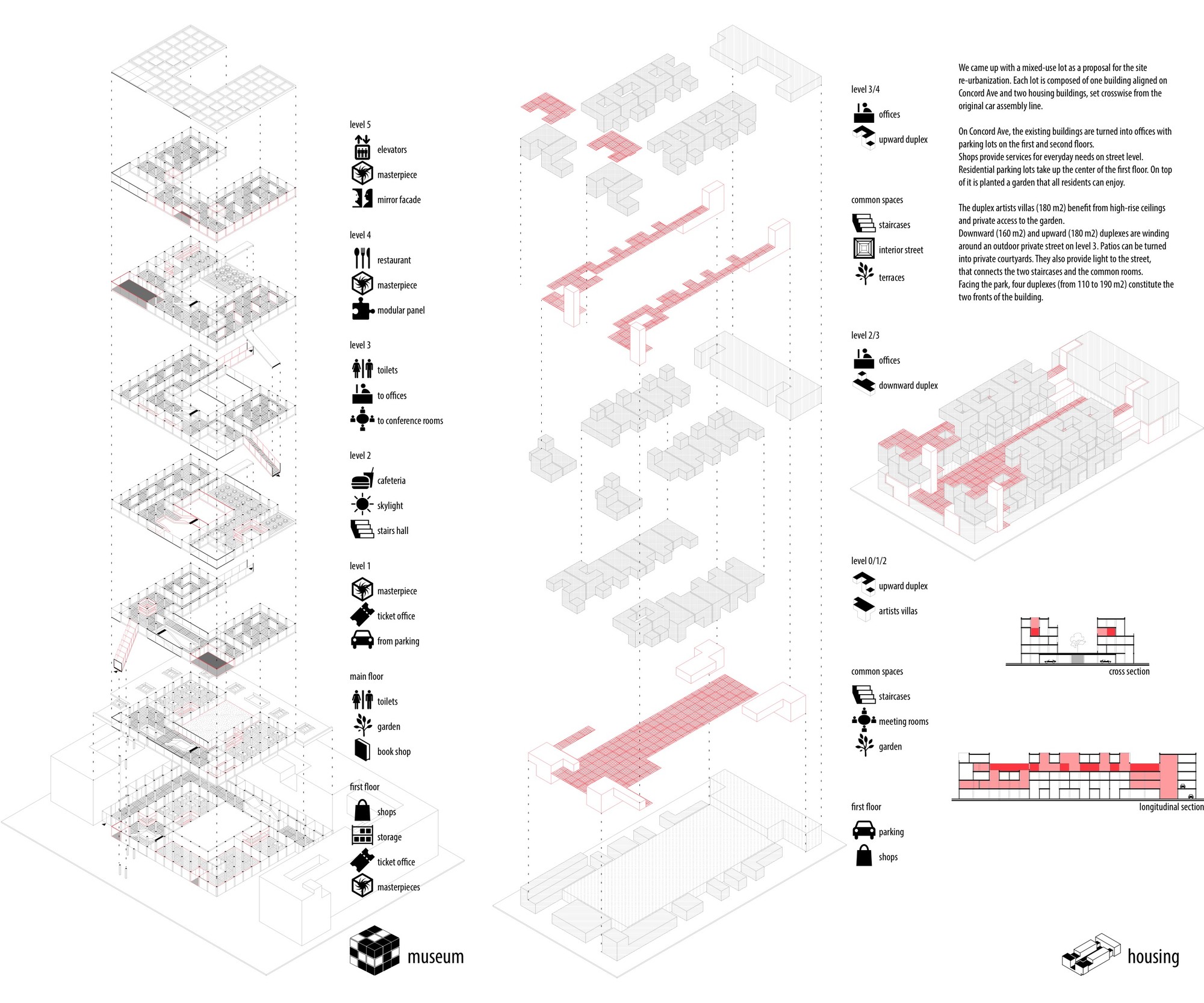 Axonometric diagrams of the housing and the museum. Image Courtesy of Nadau Lavergne Architects
