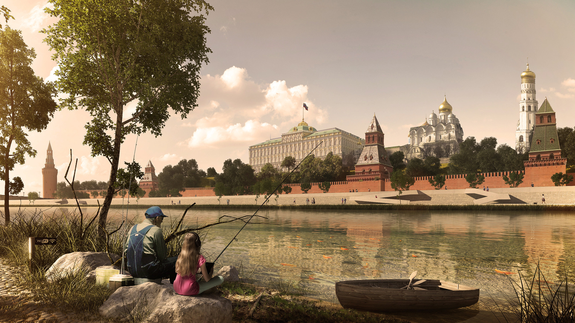 Project Meganom vence concurso para transformar a orla fluvial de Moscou, Pescando no Kremlin © Cortesia de Project Meganom