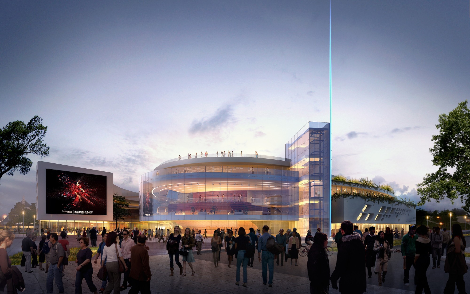 Exterior plaza at night. Image © Arte Charpentier Architectes