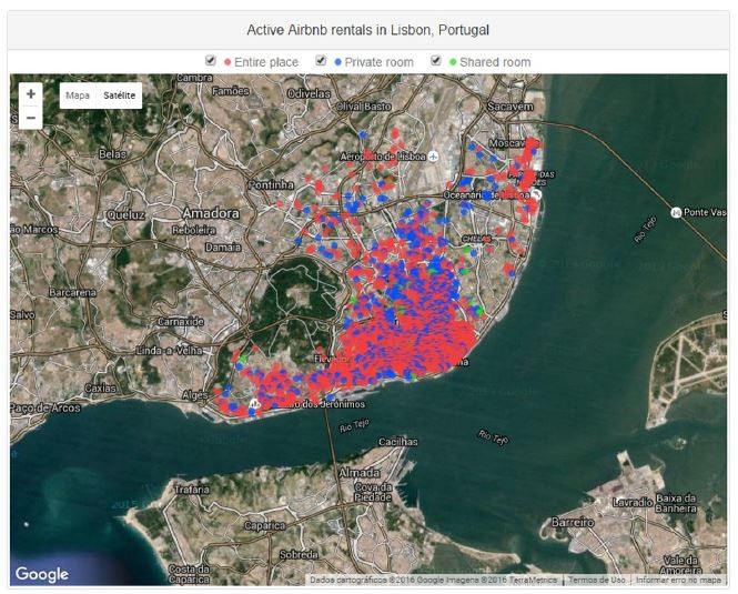 Listagens do Airbnb disponiveis em Maio de 2016. Image via AIRDNA