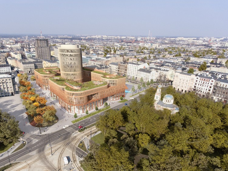 MVRDV Wrap Curving Retail Plinth Around Landmark Office Tower in Lodz - Cityscape, Arch