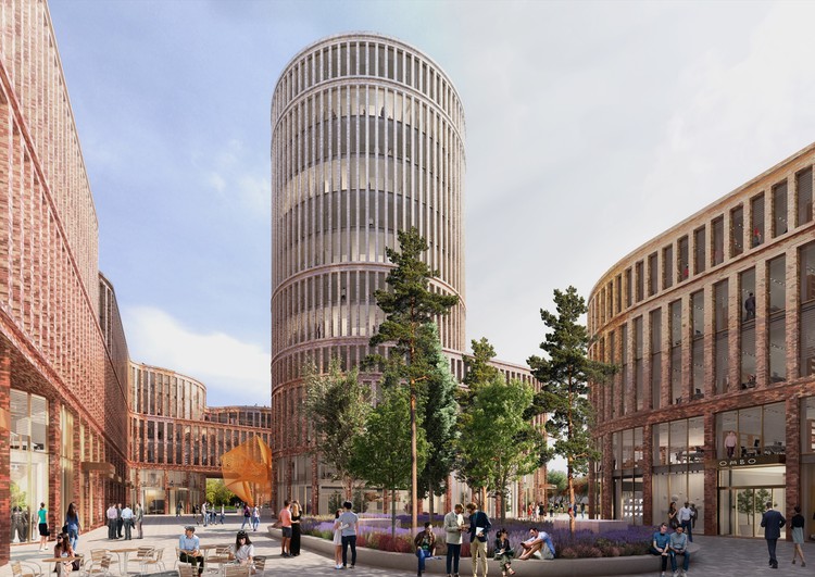 MVRDV Wrap Curving Retail Plinth Around Landmark Office Tower in Lodz - Facade, Cityscape, Windows