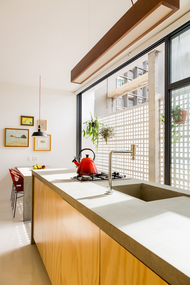 Kitnet Copan / Garoa - Cozinha, Fachada, Viga, Bancada, Pia, Cadeira