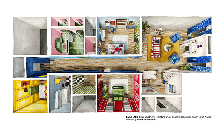 Artista recria plantas arquitetônicas de "Roma", "Stranger Things" e "La La Land" em aquarelas, © Floor Plan Croissant