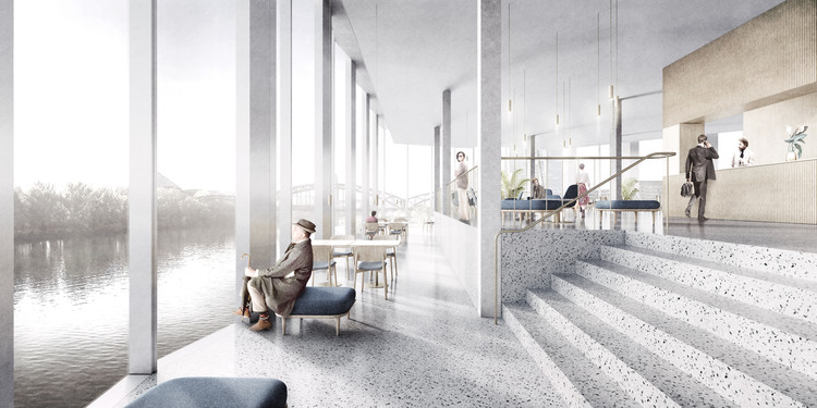 Barkow Leibinger Designs Triangular "Lighthouse" Hotel and Boarding House for Frankfurt's Waterfront - Image 3 of 16