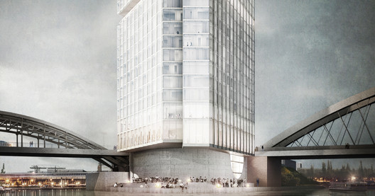 Barkow Leibinger Designs Triangular "Lighthouse" Hotel and Boarding House for Frankfurt's Waterfront - Image 1 of 16