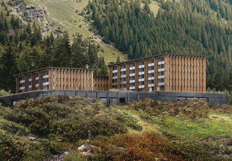 Hesselbrand projeta hotel e spa com materiais tradicionais nos Alpes suíços - Mais Imagens