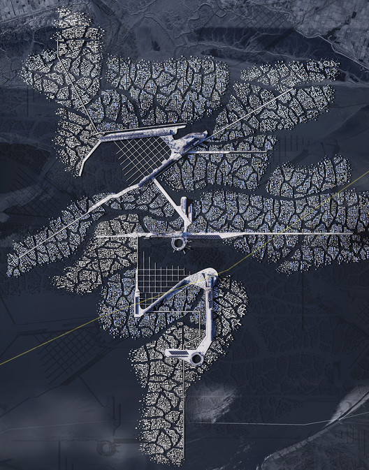 Gangmin Yoo and Justin Baek, Manfredini Studio. Indeterminate and deprogrammed open infrastructure as reconciliatory civic foundation: A floating settlement in the extra-territorial freespace of the Han River Estuary joint civilian waterway