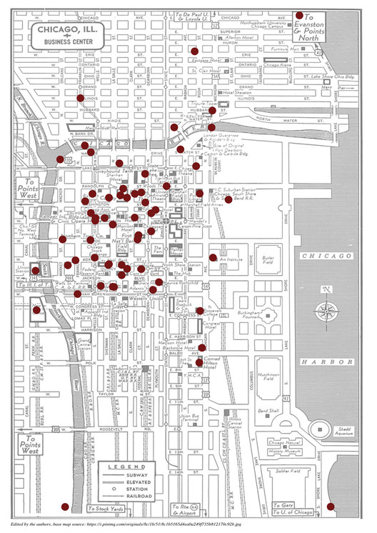 Composite map of all 5 film locations set in Chicago. Edited by the authors, base map source: https://i.pinimg.com/originals/8c/1b/51/8c1b5165d4ea0a249f735b812170c92b.jpg. Image Courtesy of Kathryn H. Anthony, Fernando Nebot Gómez, and Yashasvini Rao