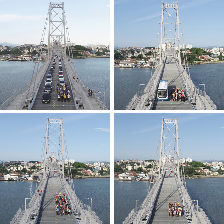 Fotos comparam o espaço ocupado por carros, ônibus e bicicletas na Ponte Hercílio Luz em Florianópolis - Image 1 of 4