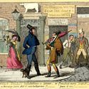 Ilustração do século 19 ironiza dois franceses chamando atenção nas calçadas londrinas. Imagem: George Cruikshank/British Museum