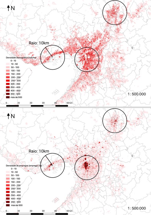 Comparativo entre densidade demográfica e densidade de empregos em Keihanshin, com raios de 10 km. Produção própria com dados do National Land Numerical Information