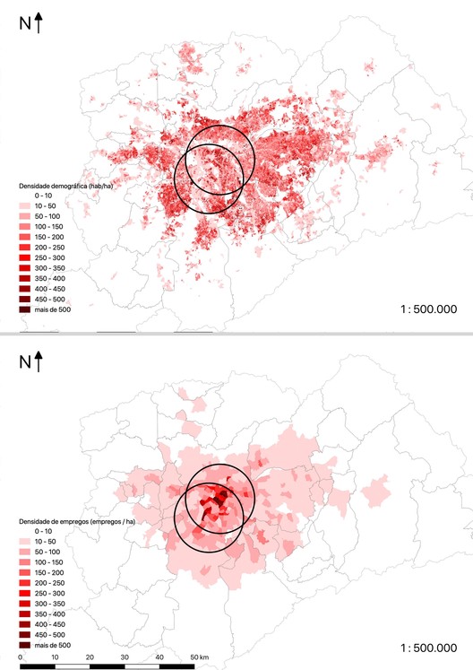 Comparativo entre densidade demográfica e densidade de empregos na RMSP, com raios de 10km. Produção própria com dados da Pesquisa de Origem e Destino do Metrô (2017)