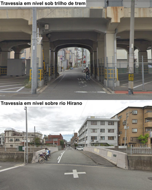 Exemplos de travessias de linha férrea e rio em Ikuno. Fonte: Google Street View