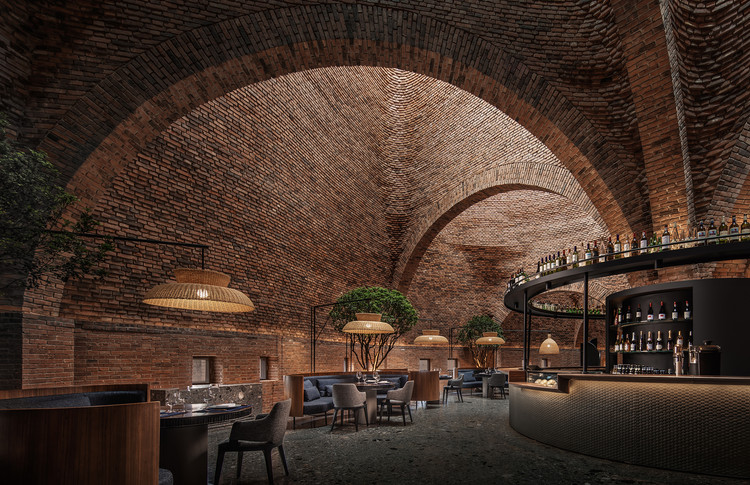 50% Cloud Artists Lounge Restaurant / Luo Xu + CCD - Exterior Photography, Table, Chair, Brick, Arch, Arcade