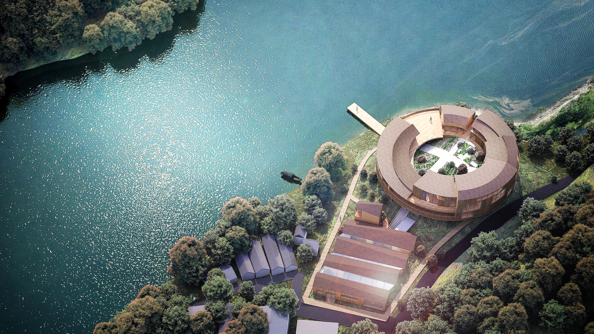 Conceptual Architecture 近代建築の水彩画 A Circular Waterfront Cottage Reinterprets Tradition in