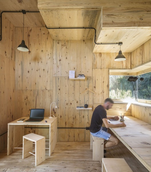 The Voxel Quarantine Cabin / Valldaura Labs - Interior Photography, Kitchen, Beam
