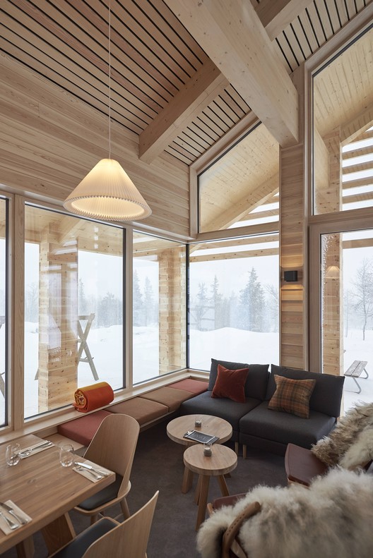 Varden Ski Restaurant / Nordic Office of Architecture - Interior Photography, Living Room, Table, Sofa, Windows, Chair, Beam