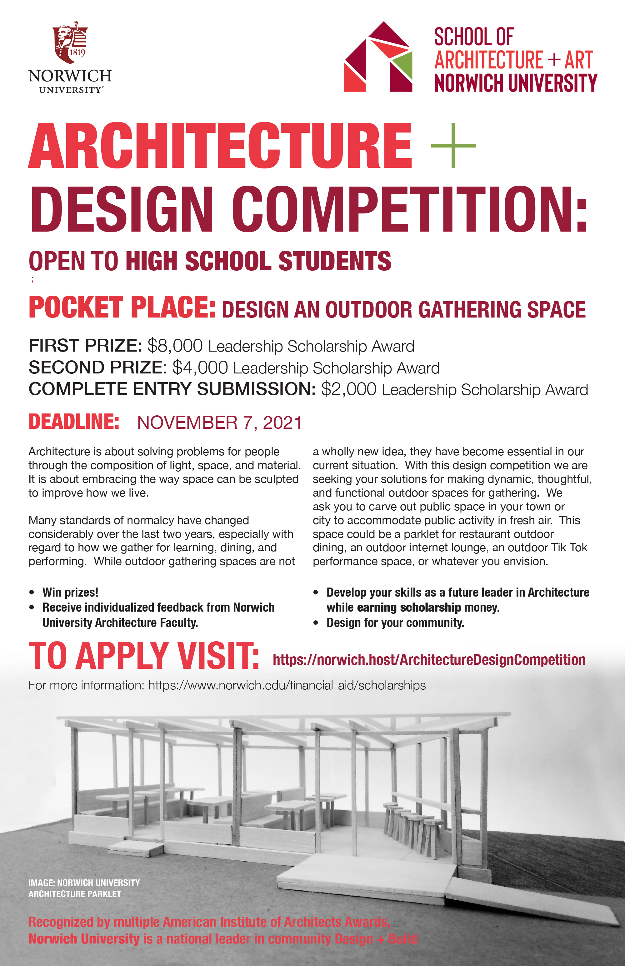 Call for Entries: Norwich University High School Architecture + Design Competition: Pocket Place | ArchDaily