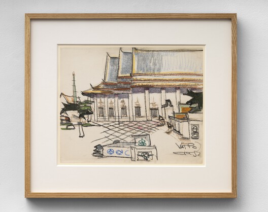 Richard Neutra (1892-1970) Wat Po, Bangkok, Thailand, 1952  charcoal and pastel on paper 10 7/8 x 13 1/2 inches;  27.6 x 34.3 centimeters
