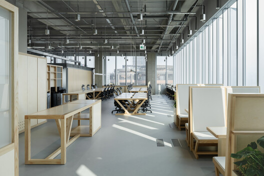 Genesis Headquarters Office / COM - Interior Photography, Kitchen, Table, Beam, Chair