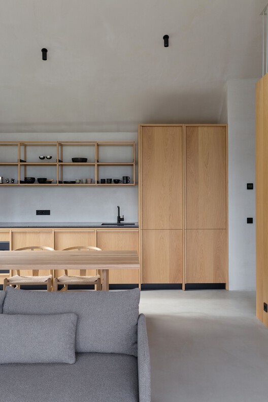 Konga Village / Masahiro Katsume + Mette Fredskild Konga Village / Masahiro Katsume + Mette Fredskild - Interior Photography, Kitchen, Wood, Lighting, Table, Shelving, Chair, Glass