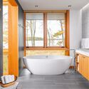 Red Cedar Lake House / Lundin Architects - Interior Photography, Bathroom, Sink, Wood, Countertop, Glass