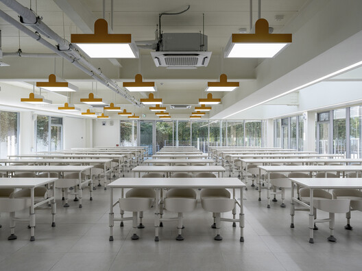 Mirae High School of Science & Technology Cafeteria Extension  / Bare Ground Architects - Interior Photography, Table, Lighting, Glass, Chair