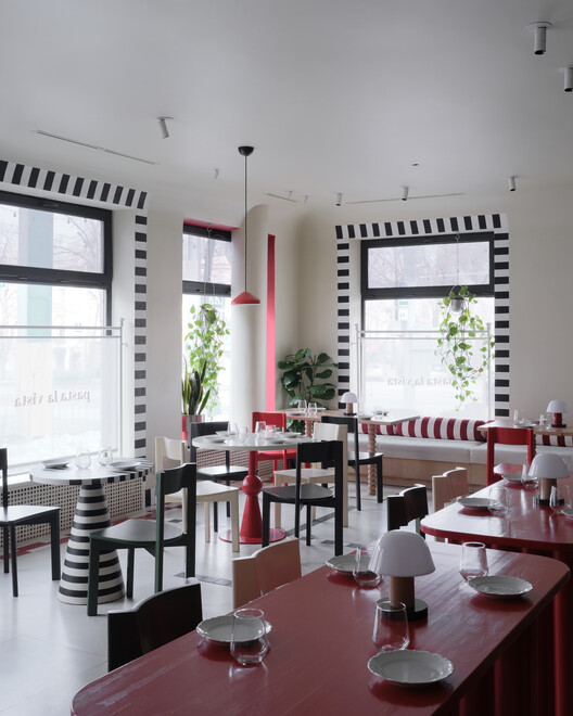 Pasta La Vista Bistro / NAAW - Interior Photography, Dining room, Chair, Table, Lighting, Glass